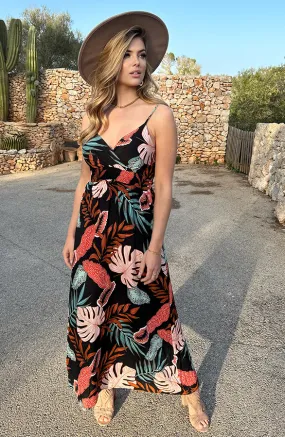 Spaghetti Maxi Jurk Tropic Zwart